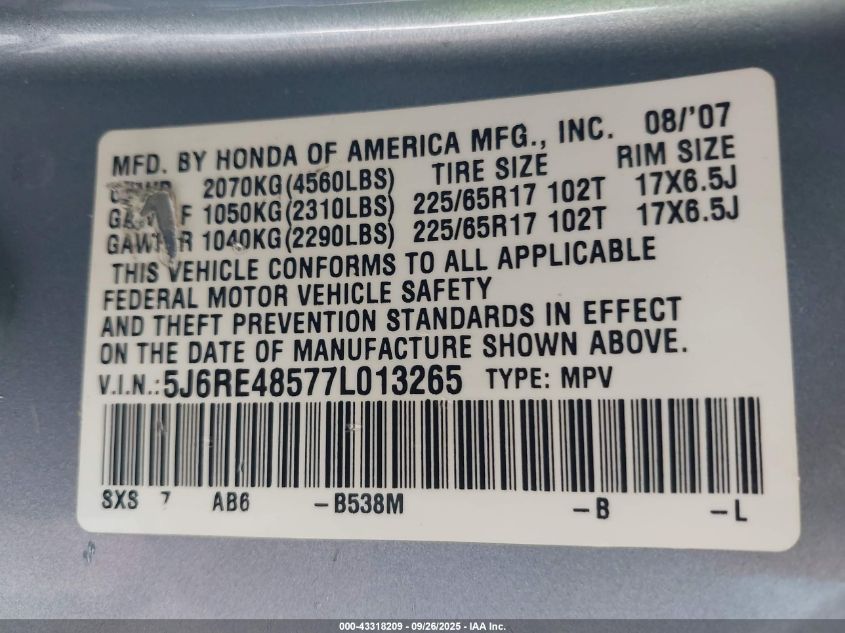 2007 Honda Cr-V Ex VIN: 5J6RE48577L013265 Lot: 43318209