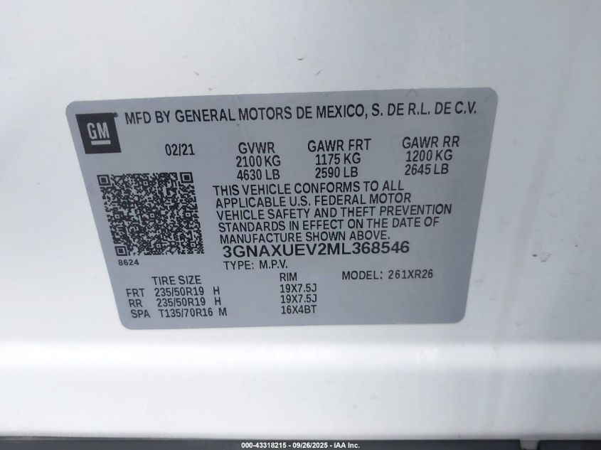2021 Chevrolet Equinox Awd Lt VIN: 3GNAXUEV2ML368546 Lot: 43318215