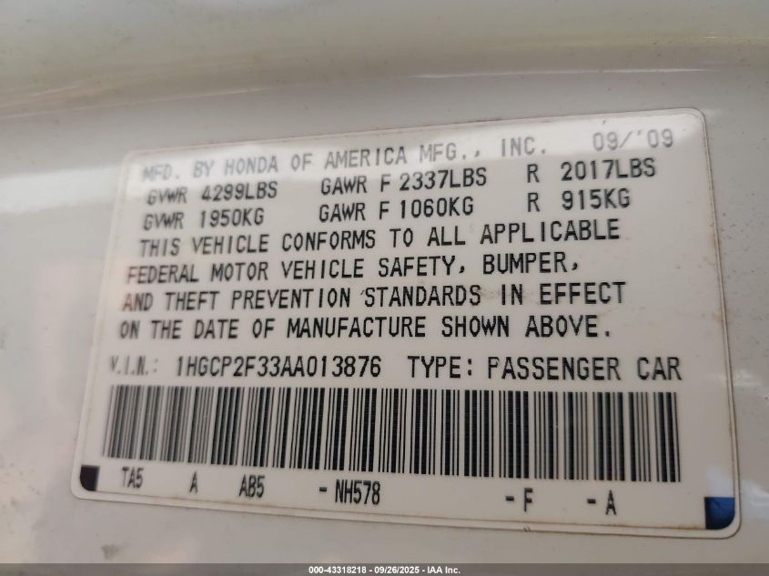 2010 Honda Accord 2.4 Lx VIN: 1HGCP2F33AA013876 Lot: 43318218