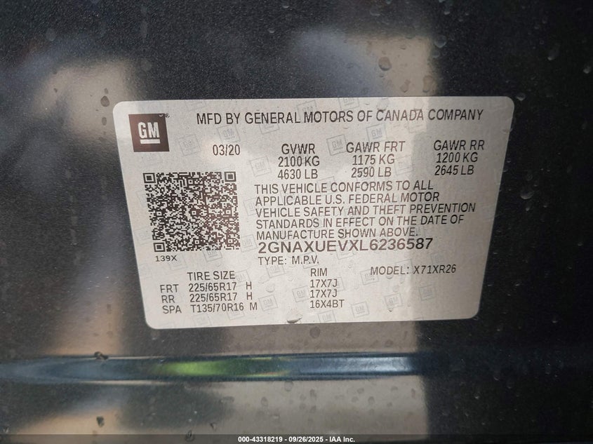 2020 CHEVROLET EQUINOX AWD LT 1.5L TURBO 2GNAXUEVXL6236587