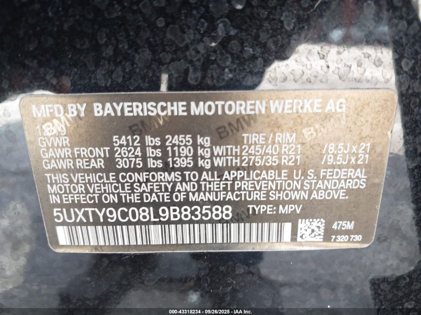 2020 BMW X3 M40I VIN: 5UXTY9C08L9B83588 Lot: 43318234