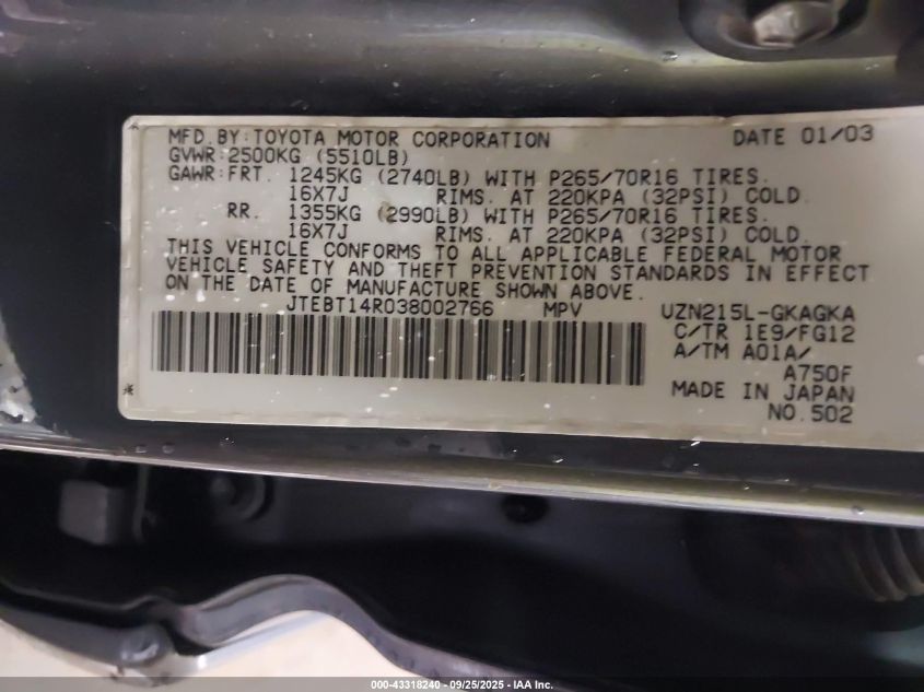 2003 Toyota 4Runner Sr5 V8 VIN: JTEBT14R038002766 Lot: 43318240