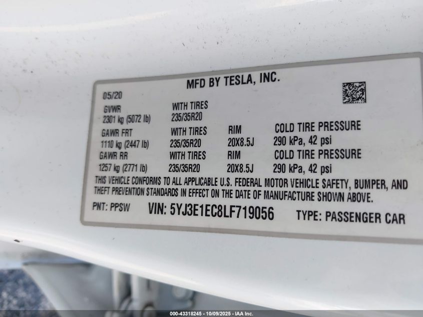 2020 Tesla Model 3 Performance Dual Motor All-Wheel Drive VIN: 5YJ3E1EC8LF719056 Lot: 43318245