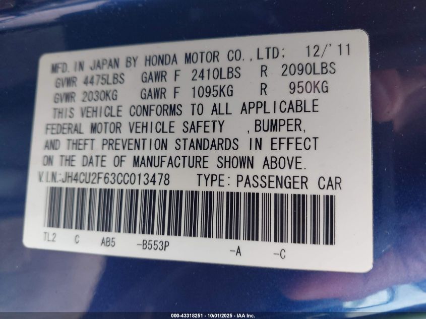 2012 Acura Tsx 2.4 VIN: JH4CU2F63CC013478 Lot: 43318251