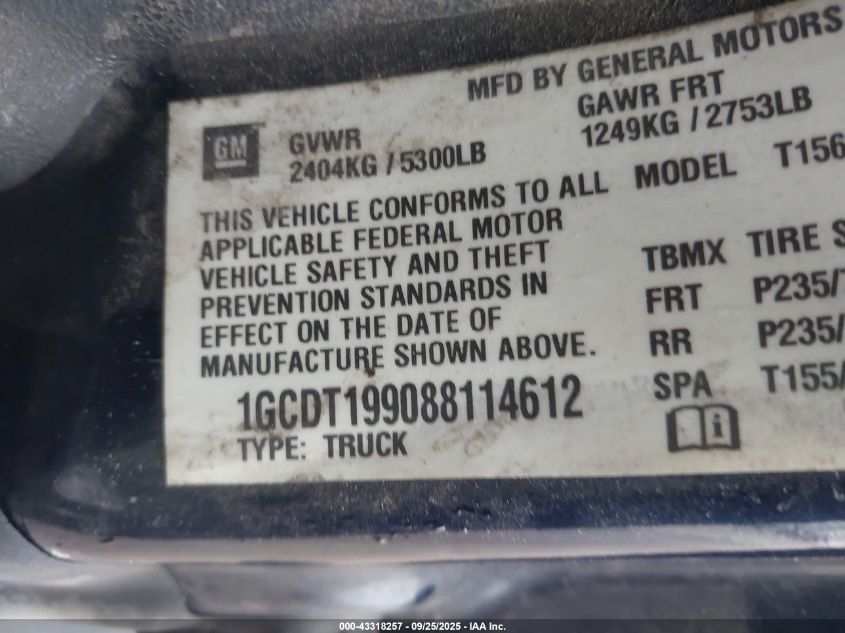 2008 Chevrolet Colorado Lt VIN: 1GCDT199088114612 Lot: 43318257
