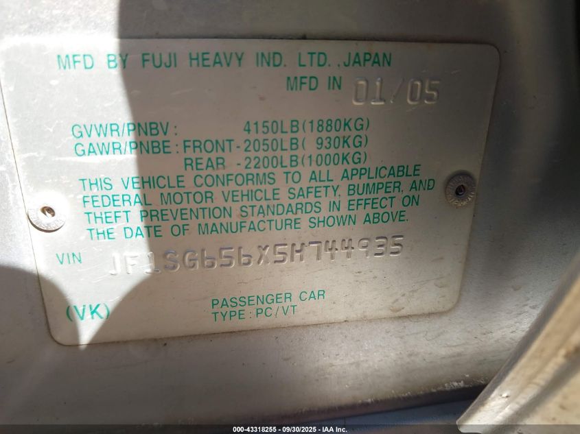 2005 Subaru Forester 2.5Xs VIN: JF1SG656X5H744935 Lot: 43318255