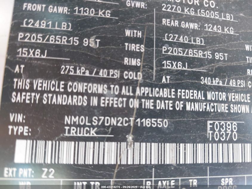 2012 Ford Transit Connect Xlt VIN: NM0LS7DN2CT116550 Lot: 43318270