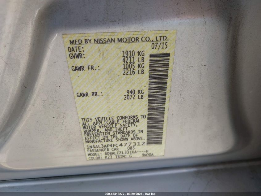 2015 Nissan Altima 2.5 S VIN: 1N4AL3AP4FC477312 Lot: 43318272