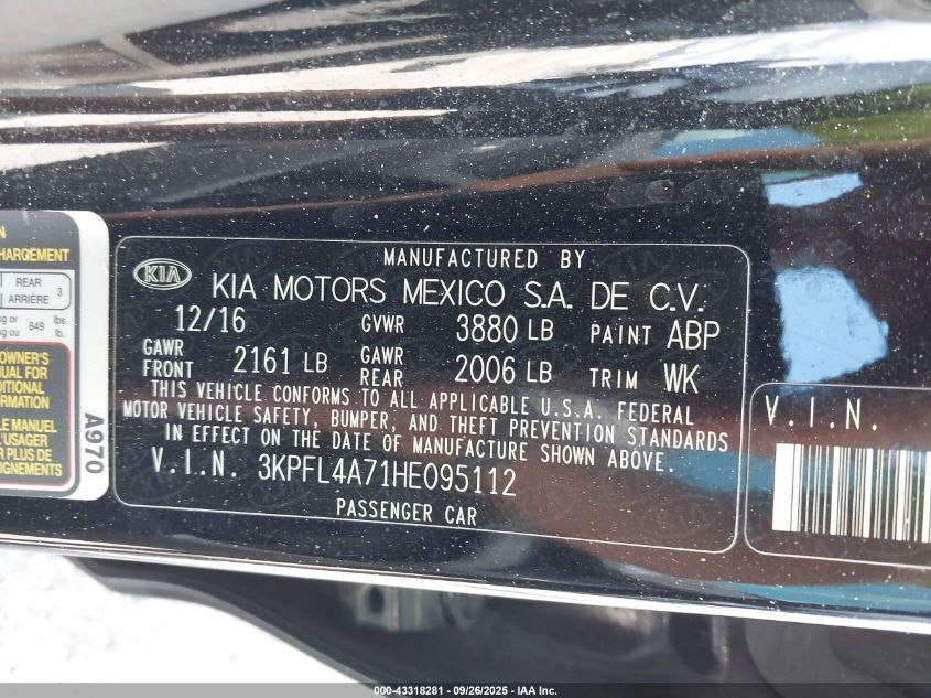 2017 Kia Forte S VIN: 3KPFL4A71HE095112 Lot: 43318281