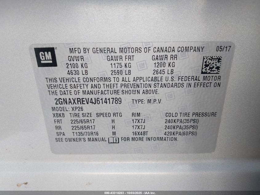 2018 Chevrolet Equinox Ls VIN: 2GNAXREV4J6141789 Lot: 43318283