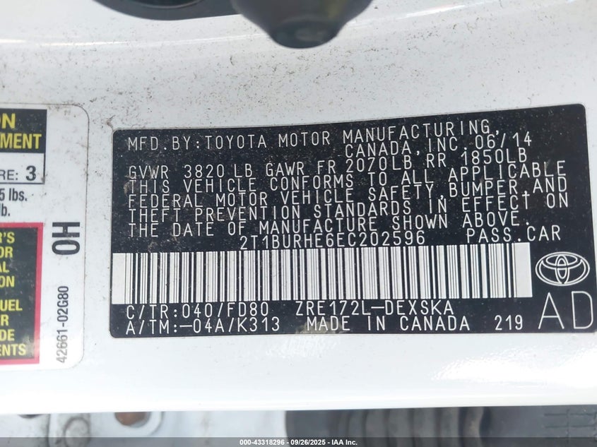 2014 TOYOTA COROLLA L/LE/LE PLS/PRM/S/S PLS - 2T1BURHE6EC202596