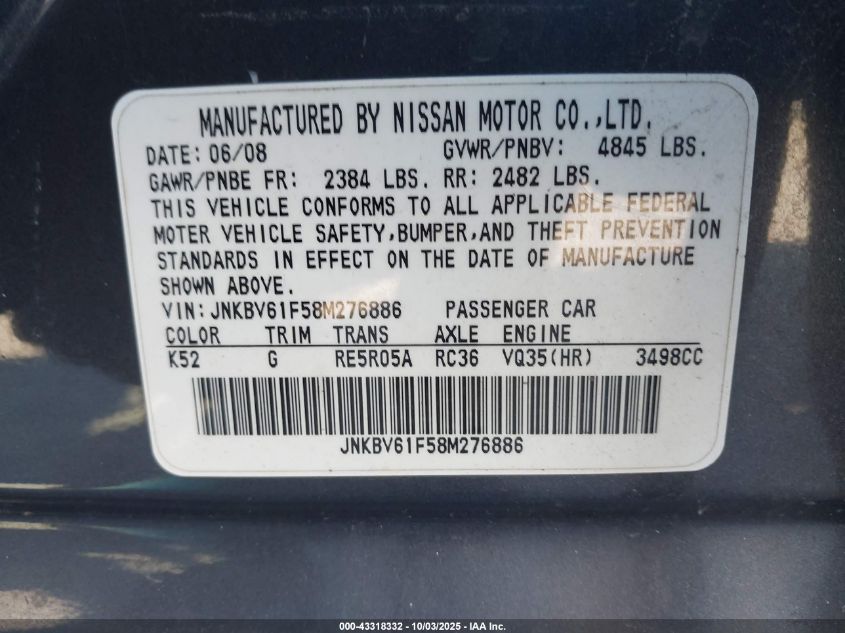 2008 Infiniti G35X VIN: JNKBV61F58M276886 Lot: 43318332