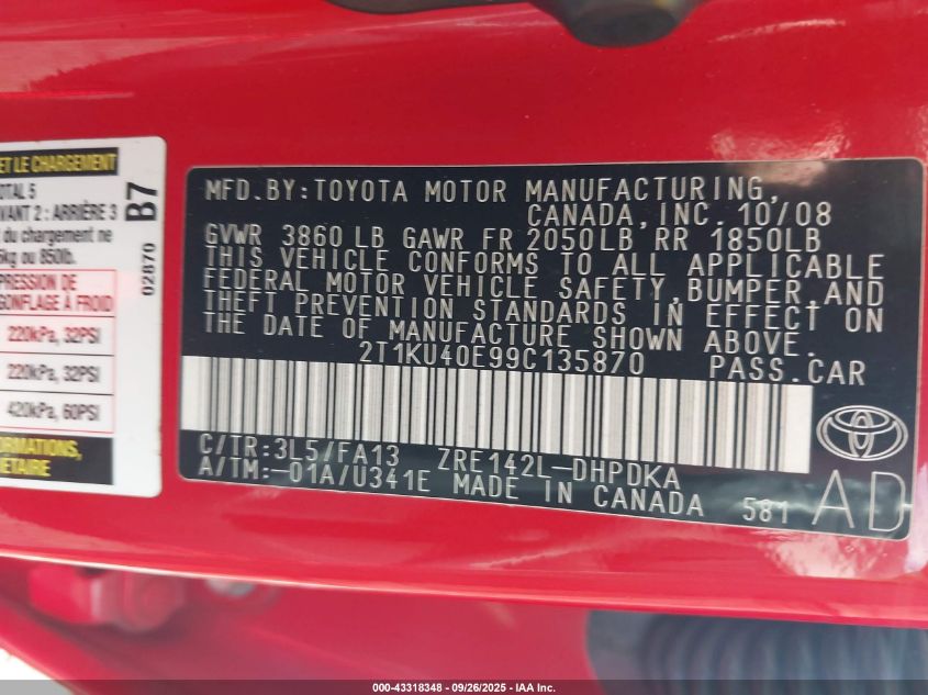 2009 Toyota Matrix VIN: 2T1KU40E99C135870 Lot: 43318348