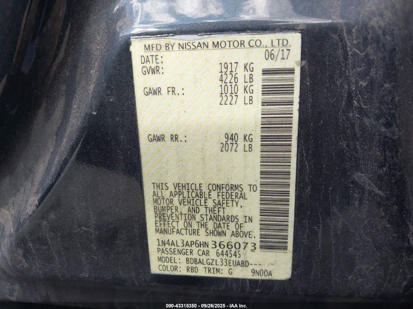 2017 Nissan Altima 2.5 S VIN: 1N4AL3AP6HN366073 Lot: 43318350