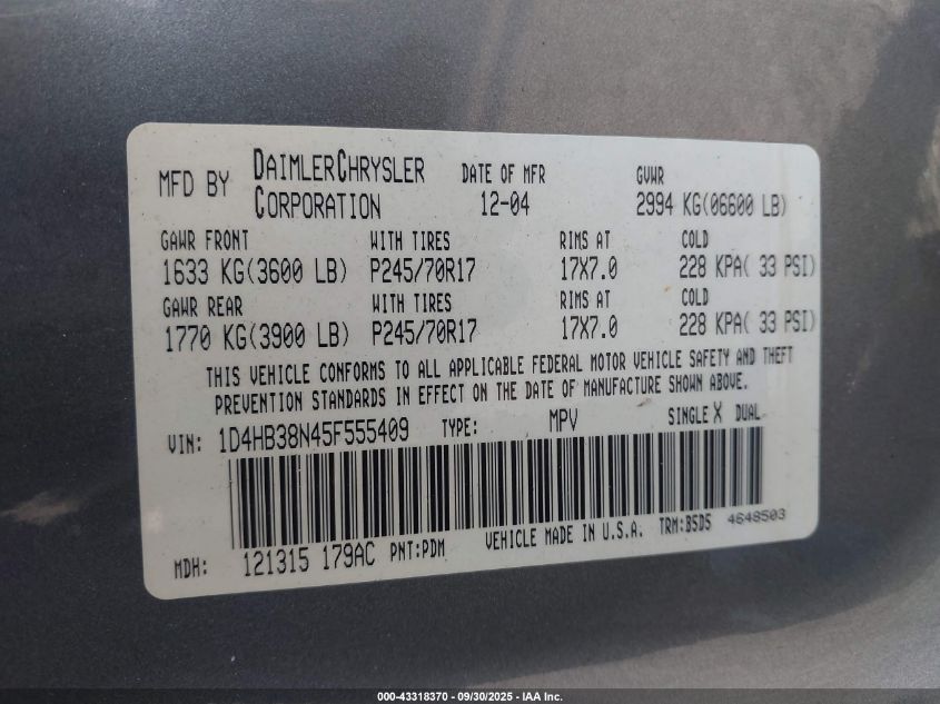 2005 Dodge Durango St VIN: 1D4HB38N45F555409 Lot: 43318370