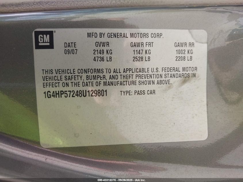 1G4HP57248U129801 BUICK LUCERNE 2008 GRAY Photo 9