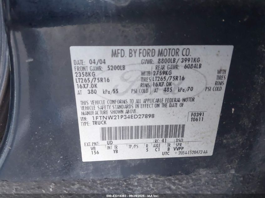 2004 Ford F-250 Lariat/Xl/Xlt VIN: 1FTNW21P34ED27898 Lot: 43318383