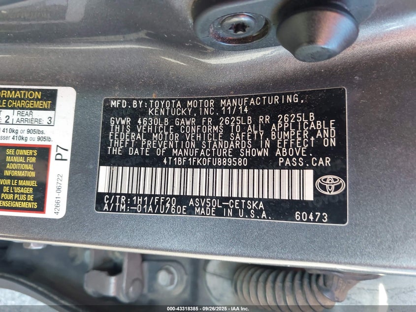 2015 Toyota Camry Se VIN: 4T1BF1FK0FU889580 Lot: 43318385