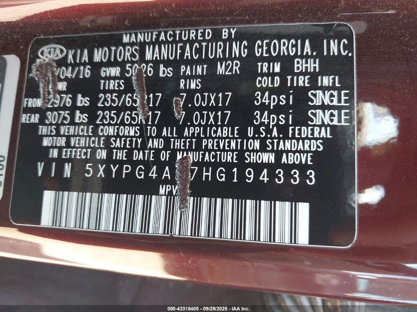 2017 Kia Sorento 2.4L Lx VIN: 5XYPG4A37HG194333 Lot: 43318405