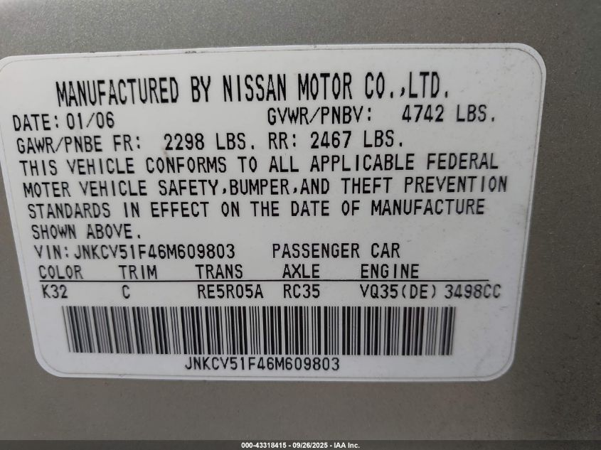 2006 Infiniti G35X VIN: JNKCV51F46M609803 Lot: 43318415