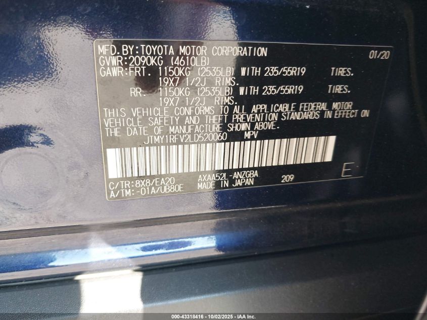2020 Toyota Rav4 Limited VIN: JTMY1RFV2LD520060 Lot: 43318416