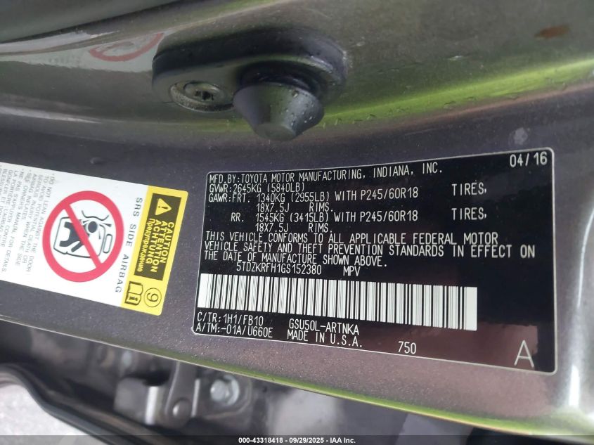 2016 Toyota Highlander Le V6 VIN: 5TDZKRFH1GS152380 Lot: 43318418