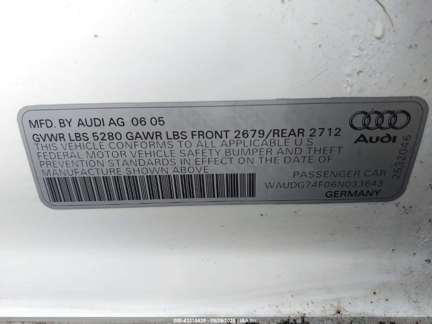 2006 Audi A6 3.2 VIN: WAUDG74F06N033643 Lot: 43318439