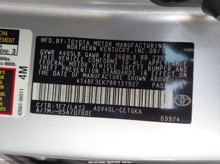 2011 Toyota Camry Xle VIN: 4T4BF3EK7BR131927 Lot: 43318440