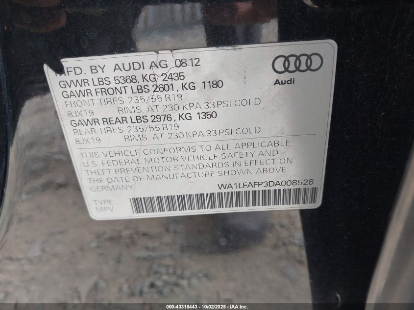 2013 Audi Q5 2.0T Premium VIN: WA1LFAFP3DA008528 Lot: 43318443