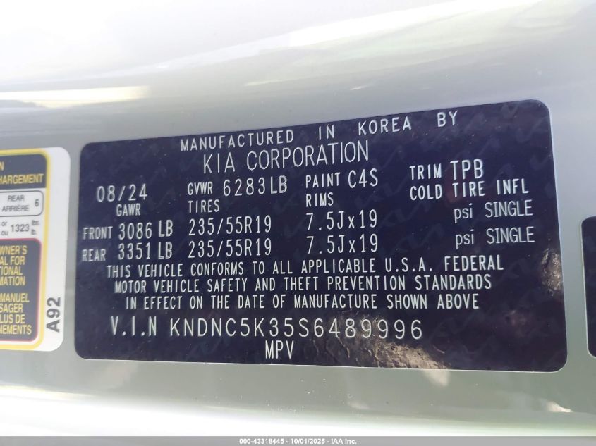 2025 Kia Carnival Mpv Ex VIN: KNDNC5K35S6489996 Lot: 43318445