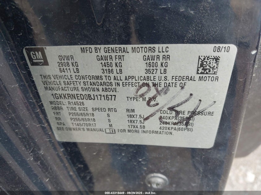 2011 GMC Acadia Sl VIN: 1GKKRNED0BJ171677 Lot: 43318449