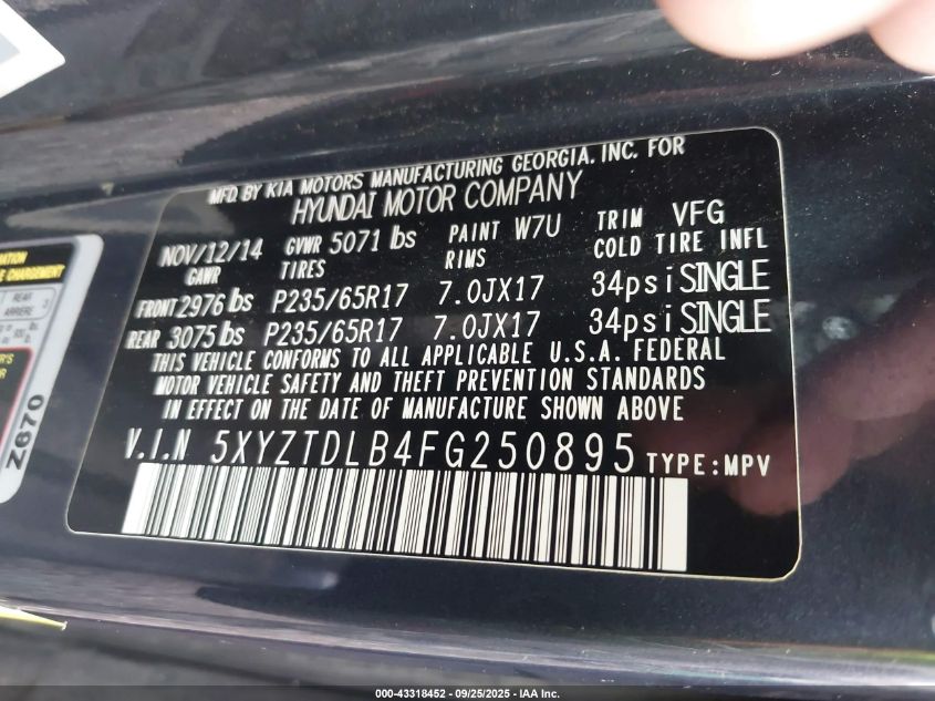 2015 Hyundai Santa Fe Sport 2.4L VIN: 5XYZTDLB4FG250895 Lot: 43318452