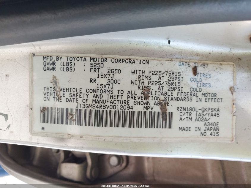 1997 Toyota 4Runner VIN: JT3GM84R8V0012094 Lot: 43318451