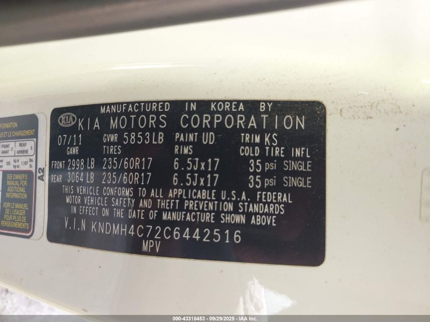 2012 Kia Sedona Ex VIN: KNDMH4C72C6442516 Lot: 43318453