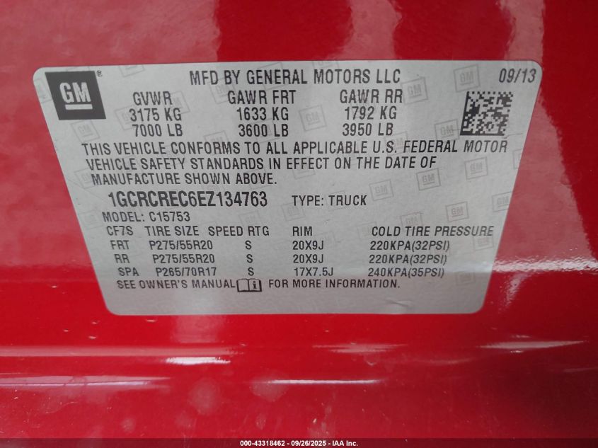 2014 Chevrolet Silverado 1500 1Lt VIN: 1GCRCREC6EZ134763 Lot: 43318462