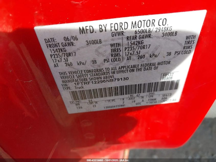 2006 Ford F-150 Stx/Xl/Xlt VIN: 1FTRF12296NB79130 Lot: 43318468