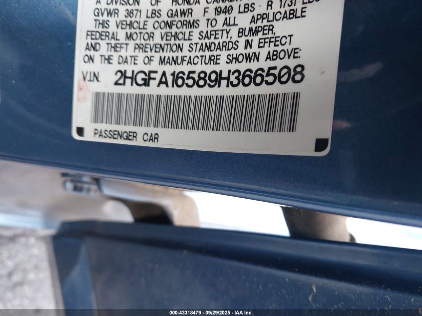 2009 Honda Civic Lx VIN: 2HGFA16589H366508 Lot: 43318479