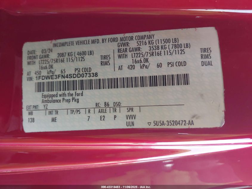 2025 Ford E-350 Cutaway VIN: 1FDWE3FN4SDD07338 Lot: 43318483