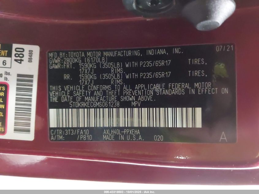 2021 Toyota Sienna Le VIN: 5TDKRKEC6MS061238 Lot: 43318503