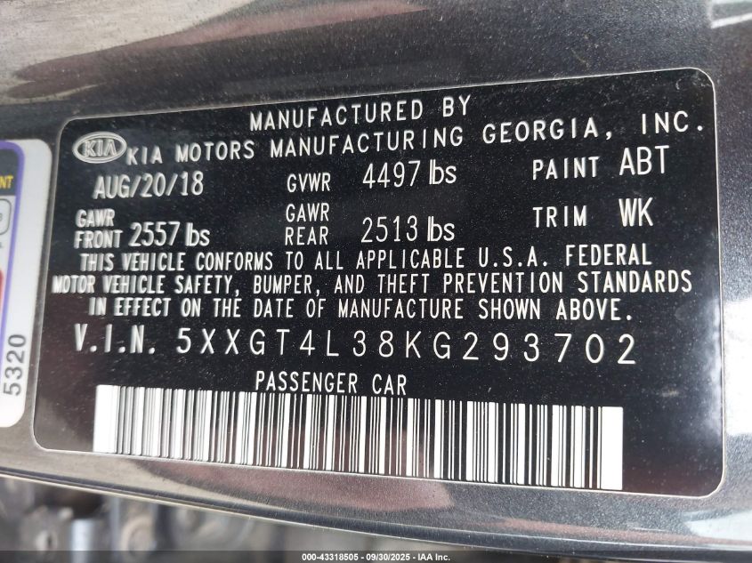 2019 Kia Optima S VIN: 5XXGT4L38KG293702 Lot: 43318505