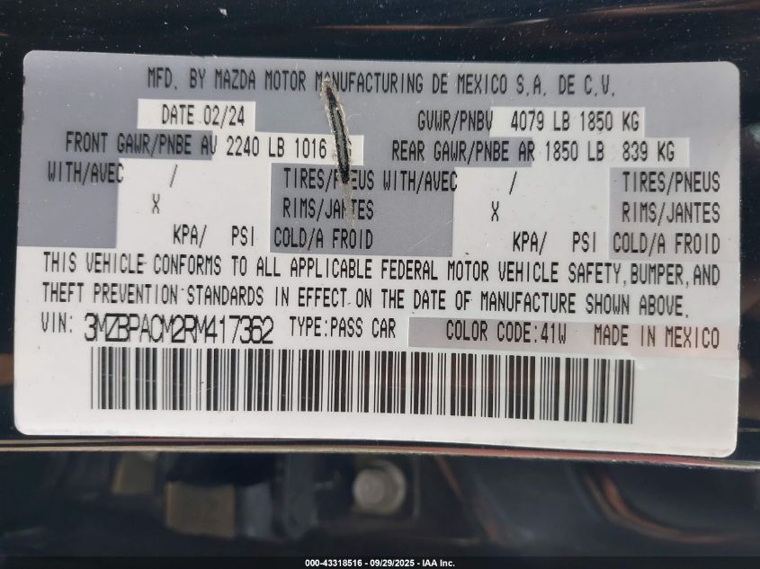 2024 Mazda Mazda3 2.5 S Preferred VIN: 3MZBPACM2RM417362 Lot: 43318516