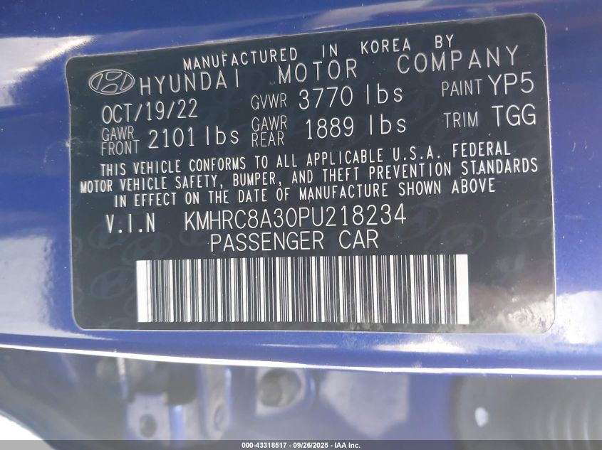 2023 Hyundai Venue Sel VIN: KMHRC8A30PU218234 Lot: 43318517