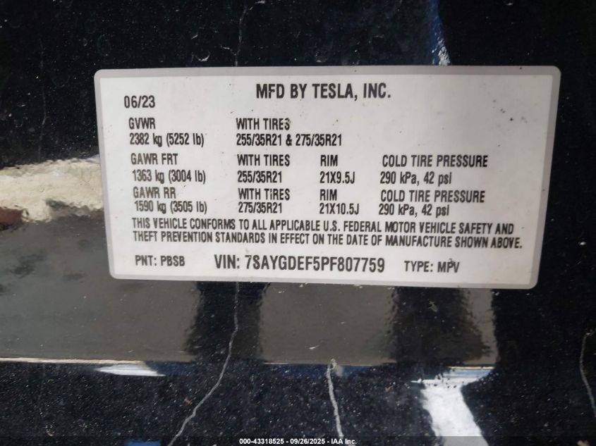 2023 Tesla Model Y Performance Dual Motor All-Wheel Drive VIN: 7SAYGDEF5PF807759 Lot: 43318525