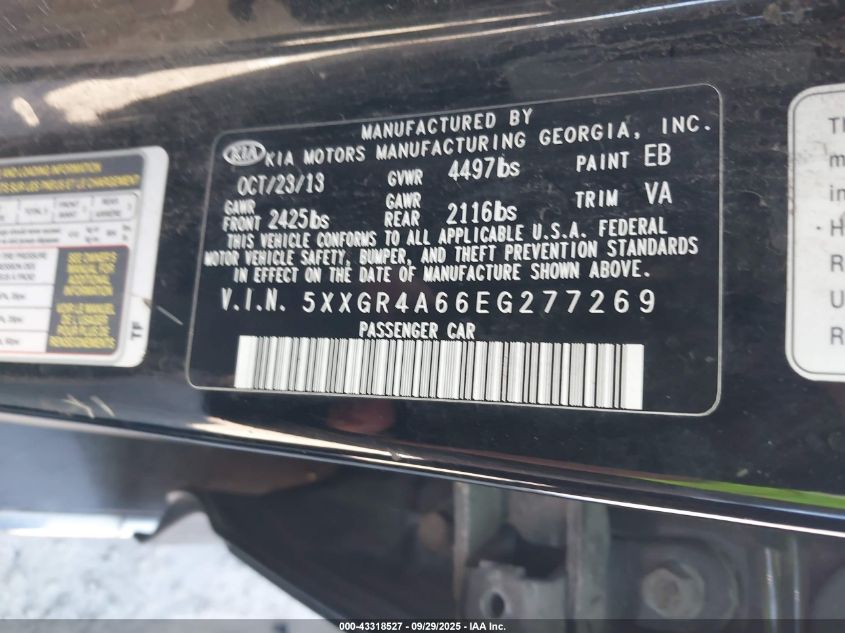 2014 Kia Optima Sxl Turbo VIN: 5XXGR4A66EG277269 Lot: 43318527