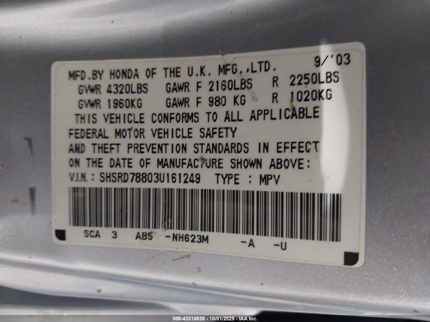 2003 Honda Cr-V Ex VIN: SHSRD78803U161249 Lot: 43318538