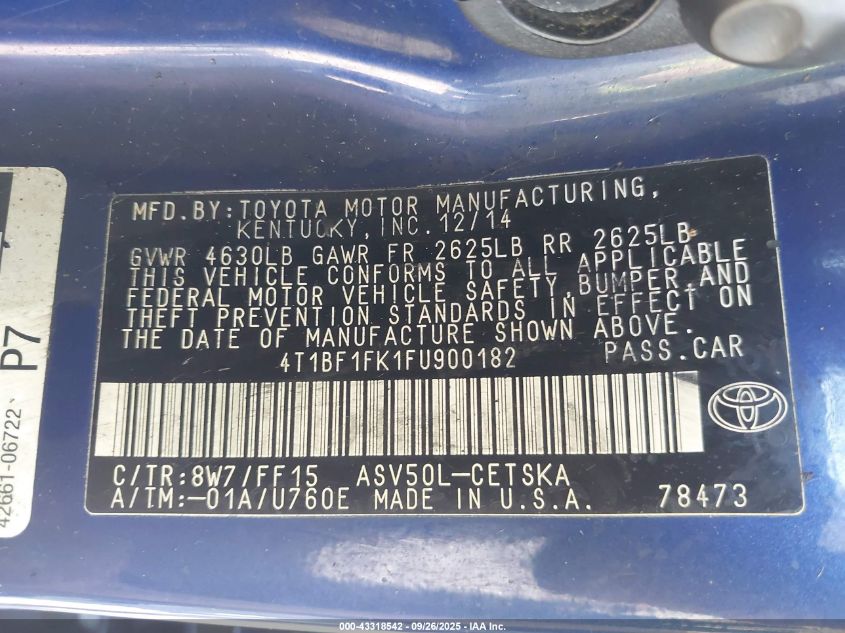 2015 Toyota Camry Se VIN: 4T1BF1FK1FU900182 Lot: 43318542