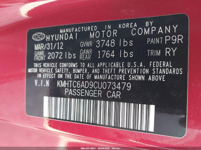 2012 Hyundai Veloster Base W/Gray VIN: KMHTC6AD9CU073479 Lot: 43318551