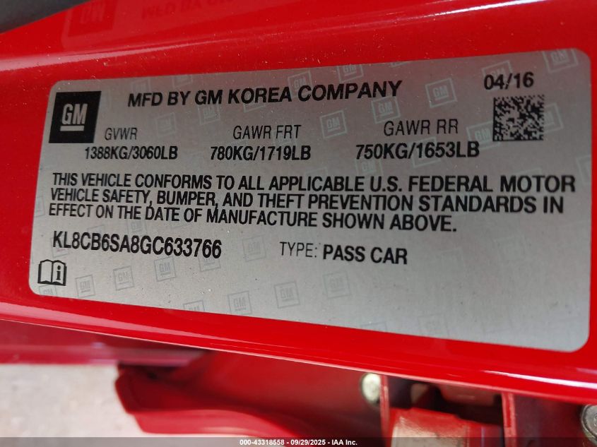 2016 Chevrolet Spark Ls Cvt VIN: KL8CB6SA8GC633766 Lot: 43318558