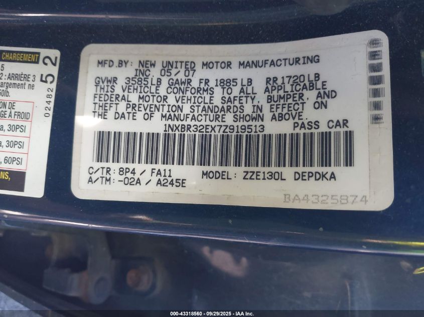 2007 Toyota Corolla Ce VIN: 1NXBR32EX7Z919513 Lot: 43318560