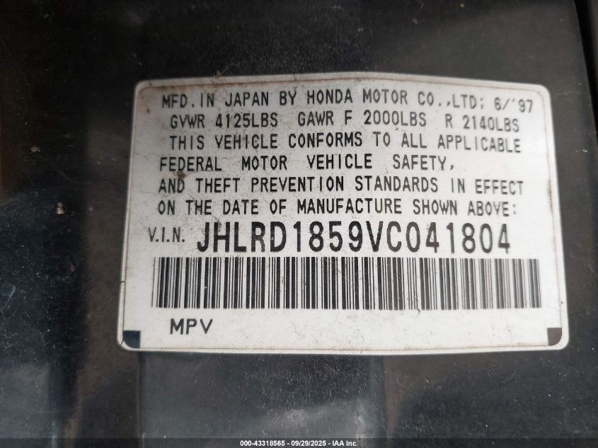 1997 Honda Cr-V VIN: JHLRD1859VC041804 Lot: 43318565